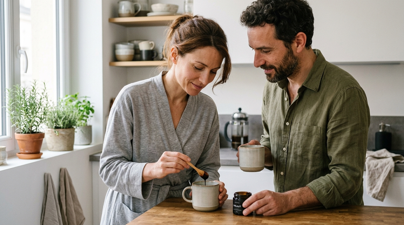 Résine de shilajit et tasse d’infusion dans une routine bien-être du soir