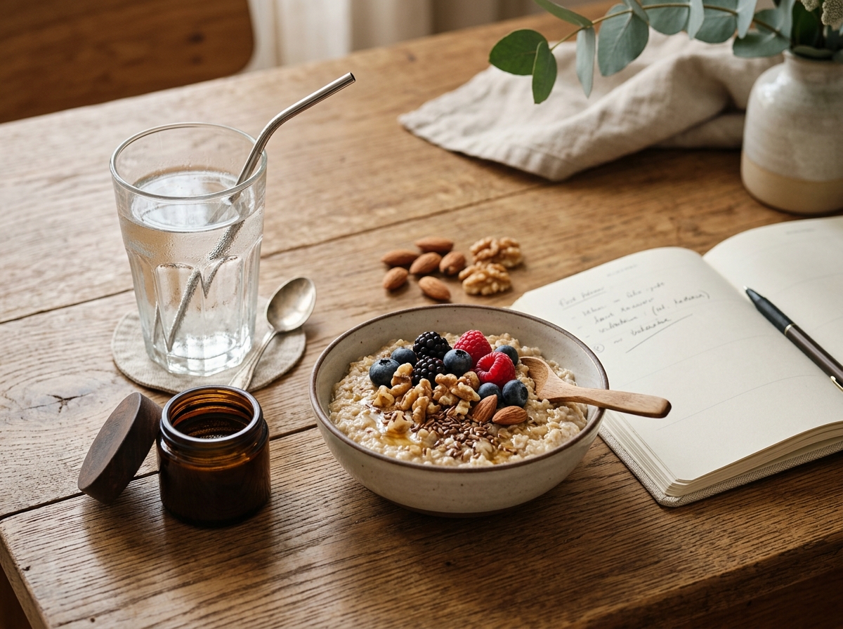 Routine nutritionnelle équilibrée avec shilajit, repas complet et hydratation